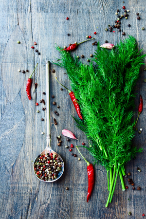 Bunch of spices on dark wooden texture. Top view.の写真素材