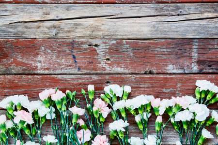 The beautiful colorful flowers on vintage wooden background. Top view.の写真素材