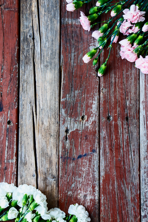 Top view of White and pink flowers over vintage wooden background.の写真素材