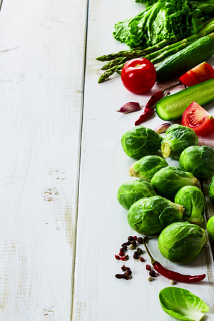 Healthy Organic Vegetables on White Wooden Backgroundの写真素材