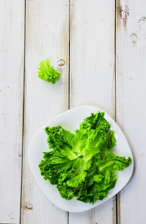 Fresh lettuces on plate over white wooden background. Top viewの写真素材