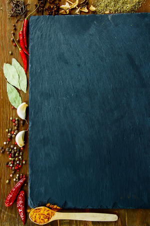 Spices. Spice over Wood. Herbs. Top view. Copy spaceの写真素材