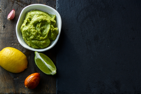 Top view of Homemade Guacamole with Copy space.の写真素材
