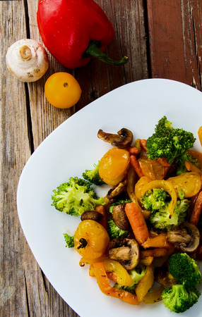 Grilled vegetables on rustic wooden background. Top view.の写真素材