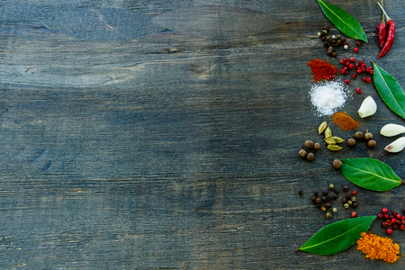 Background with herbs and spices selection, close up (with easy removable sample text).の写真素材