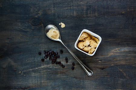 Top view of coffee ice cream on dark wooden background.の写真素材