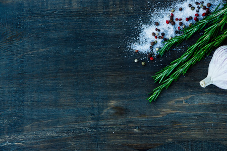Food background with rosemary, salt, garlic and pepper on dark wooden board. Space for text.の写真素材