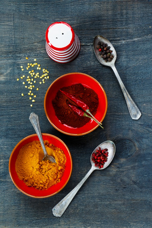 Cooking background with Spices curry and turmeric over wood. Food or health concept. Top view.の写真素材