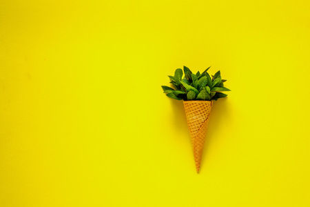 Waffle sweet cone with fresh leaves mint on yellow background. Spring or summer mood concept. Flat lay, top view.の写真素材