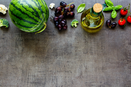 Fresh fruits and vegetables background flat layの写真素材