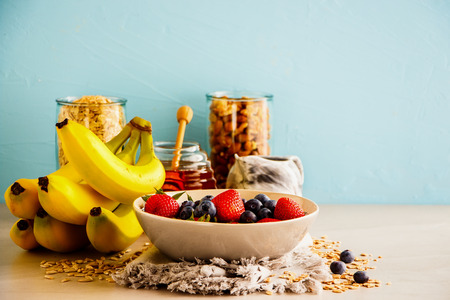 Fruits, nuts, honey and oat flakes. Zero waste shopping, Recycling, Sustainable eco-friendly lifestyle conceptの写真素材
