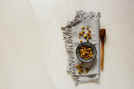 Chamomile tea composition from above flat layの写真素材