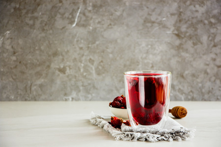 Hibiscus tea composition on grey backgroundの写真素材