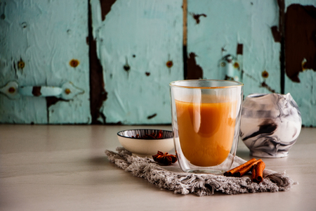 Traditional indian masala chai tea in glass cup.の写真素材