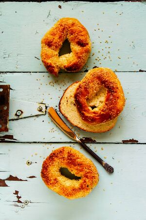 Fresh Whole grain bagels with Sesame Seed. Bagels Ready to Eatの写真素材