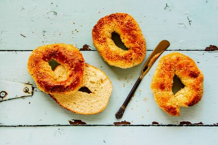 Homemade Whole grain bagels with Sesame Seed. Bagels Ready to Eatの写真素材