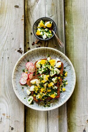 Flat-lay of tasty rye bread sandwich with egg, spring onion and radish on plateの写真素材