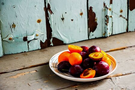 Summer fruit on wooden table. Local farmers produceの写真素材