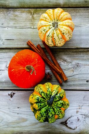 Flat-lay of pumpkins and autumn background on wooden tableの写真素材