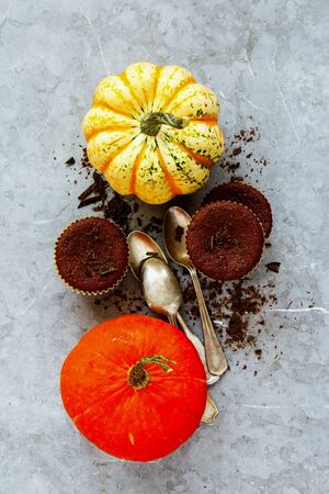 Chocolate pumpkin cupcakes and pumpkins on grey concrete background from aboveの写真素材