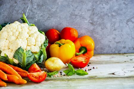 Garden vegetable close up. Healthy food cooking background. Horizontal compositionの写真素材