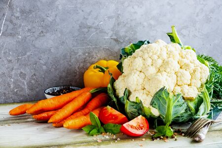 Food cooking background. Fresh vegetable ingredients. Horizontal compositionの写真素材