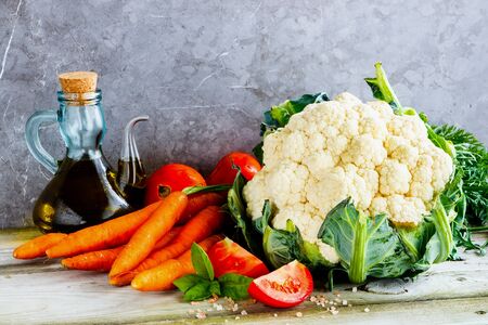 Fresh vegetable ingredients. Healthy food cooking background. Horizontal compositionの写真素材