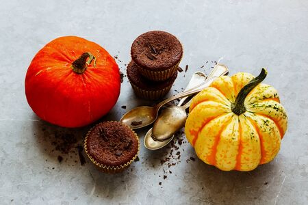 Pumpkins variety and chocolate pumpkin cupcakes close upの写真素材