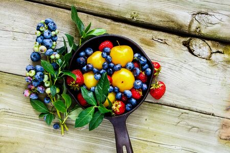 Fresh summer fruit, berry assortment flat lay. Local farmers produceの写真素材