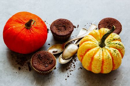 Autumn composition with chocolate cupcakes and pumpkins on grey concrete backgroundの写真素材