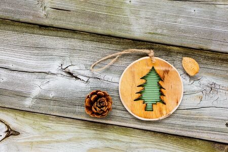 Christmas toys and decoration on wooden  flat lay compositionの写真素材