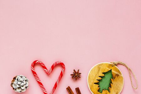 Christmas toys and decoration on pink  flat lay compositionの写真素材
