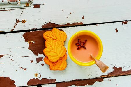 Tasty spiced hot chocolate with biscuits. Autumn drink.の写真素材