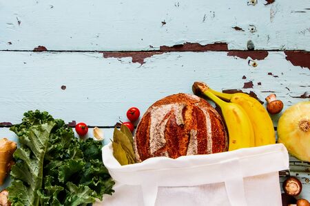 Plastic free Zero waste lifestyle Eco friendly food shopping Food in reusable bagの写真素材