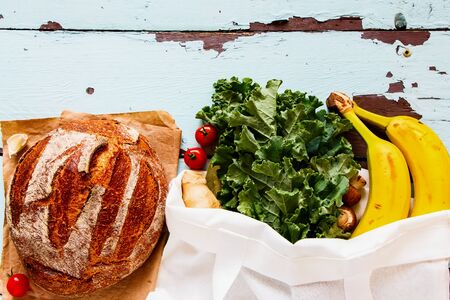 Eco friendly food shopping Zero waste lifestyle Plastic free Food in reusable bagの写真素材
