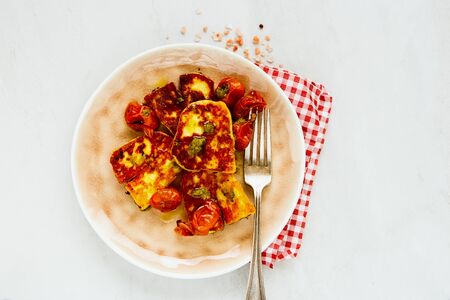 Vegetarian roasted cheese and tomatoes on white background flat layの写真素材