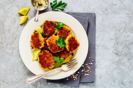 Tasty vegetable pancakes on light background close-upの写真素材