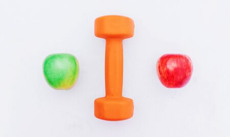 Sport equipment. Creative flat lay of sport and fitness equipments on white background with copy space. Top view.の写真素材
