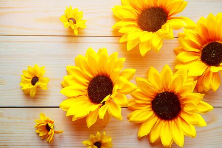 Bright yellow sunflowers on wooden backgroundの写真素材