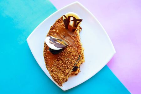 Sliced tasty chocolate cake, top viewの写真素材