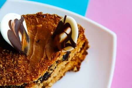 Sliced tasty chocolate cake, close-upの写真素材