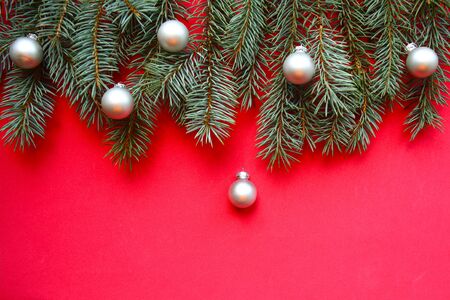 Christmas tree branches with white baubles on red background. Flat lay, top view, copy spaceの写真素材