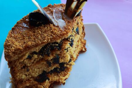 Sliced tasty chocolate cake, closeupの写真素材