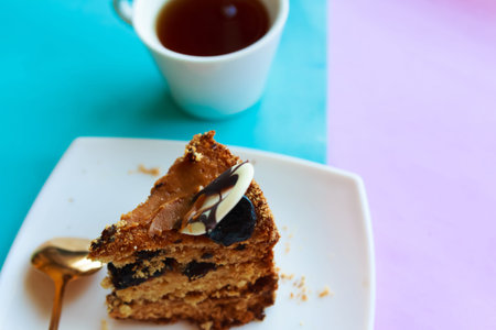 Sliced tasty chocolate cake, closeup