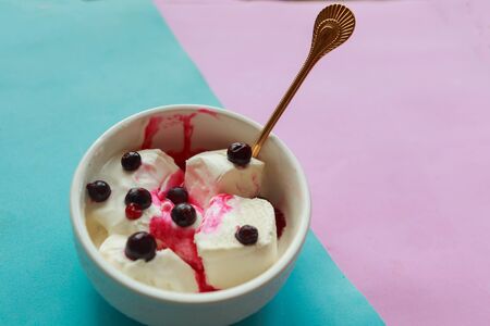 Vanilla ice cream with black berries in white bowlの写真素材
