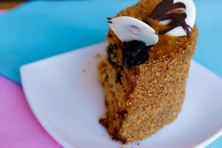 Sliced tasty chocolate homemade cake, closeupの写真素材