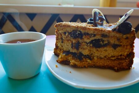 Sliced tasty chocolate homemade cake, closeupの写真素材