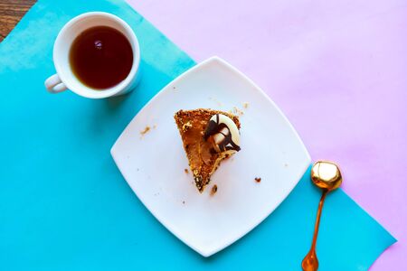 Sliced tasty chocolate homemade cake, top viewの写真素材
