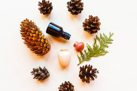 Cosmetic bottles, cones and spruce branches on white background, top view. Natural cosmetic products conceptの写真素材