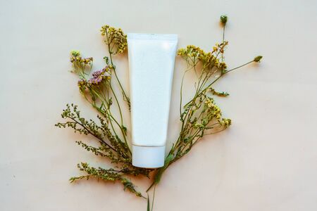 Cosmetic bottle and herbs on white background. Flat lay, top view. Natural cosmetic product conceptの写真素材